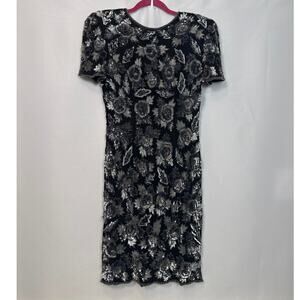 Holiday Party Dress Sequin Beaded SCALA Womens Size Medium Black Silk Cocktail